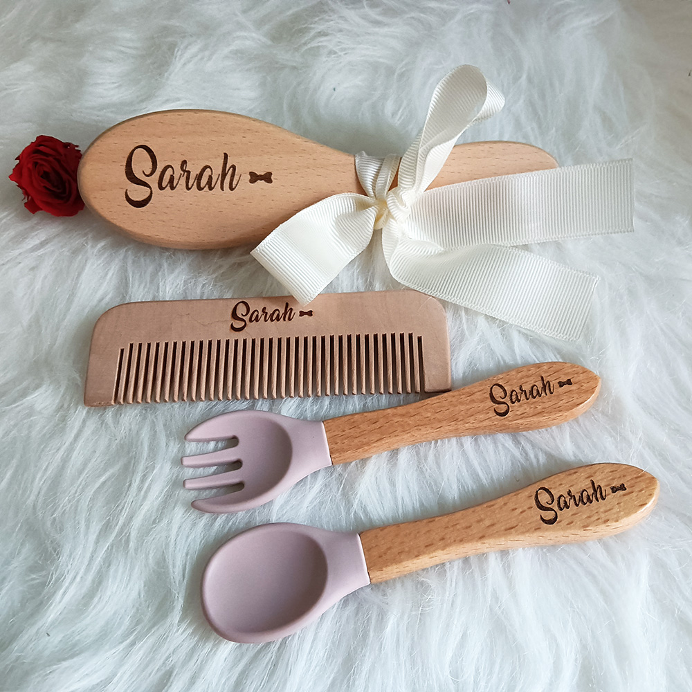 Hair Care Names - Aangepaste naam Haarborstel voor babyverzorging, siliconenlepel,